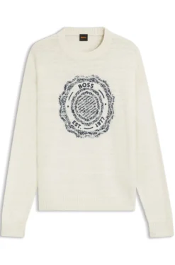 Slub-knit sweater with crest-logo intarsia