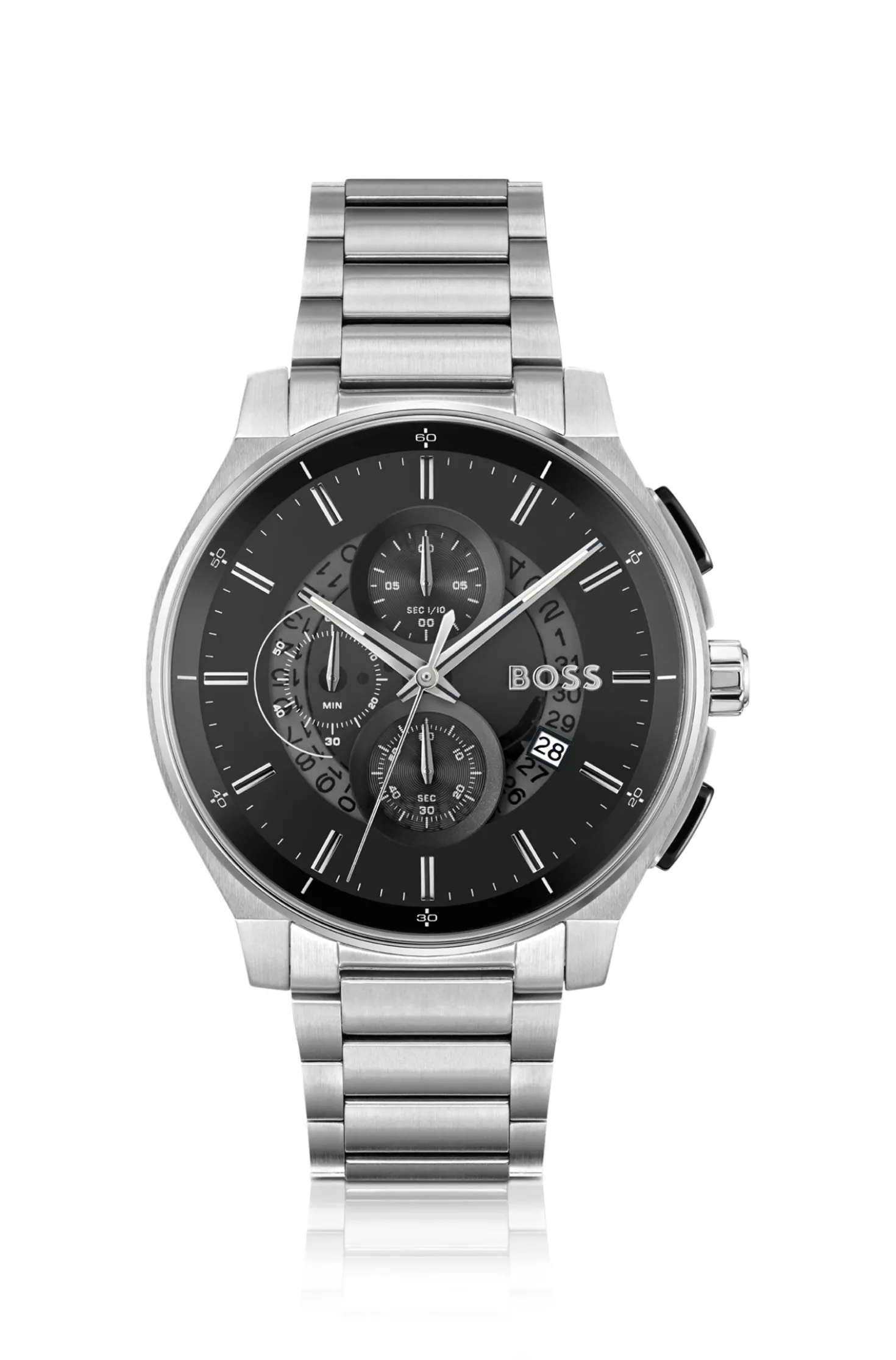 Stainless-steel chronograph watch with transparent dial