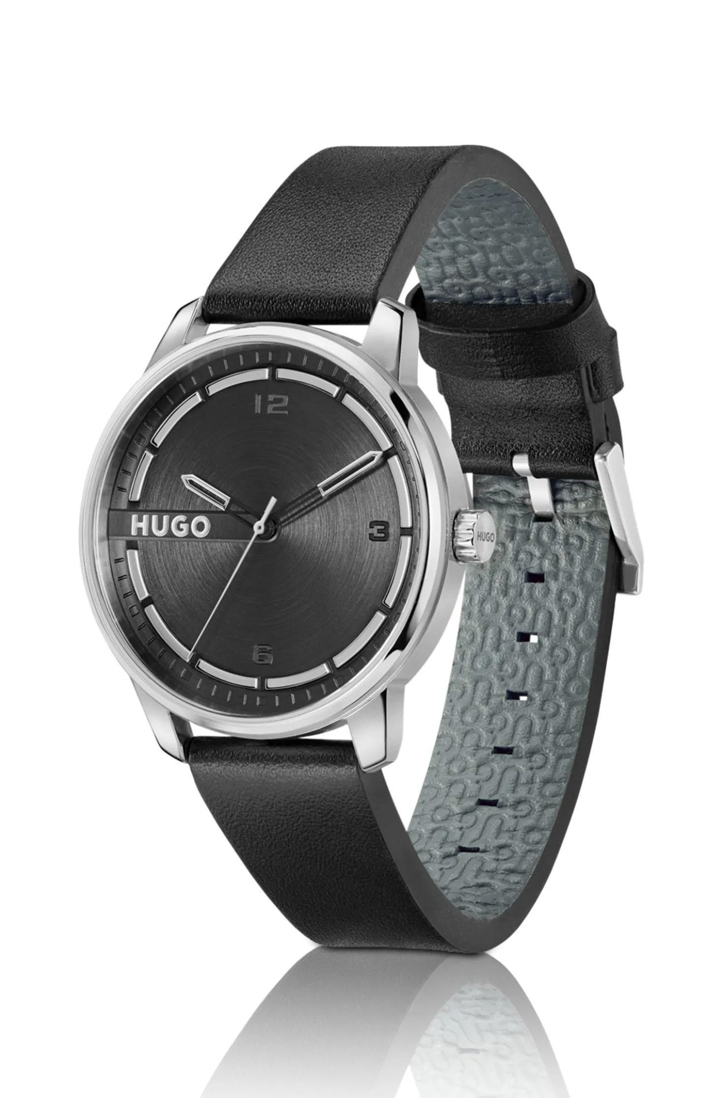 Stainless-steel watch with black leather strap