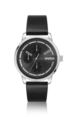 Stainless-steel watch with black dial and leather strap