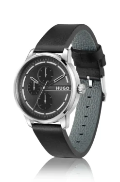 Stainless-steel watch with black dial and leather strap