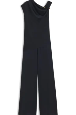 Straight-leg jumpsuit with pin and gathered detail