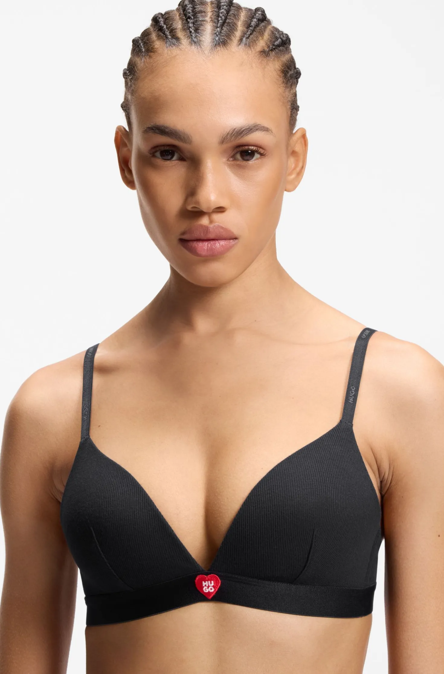Stretch fabric triangle bra with branded straps