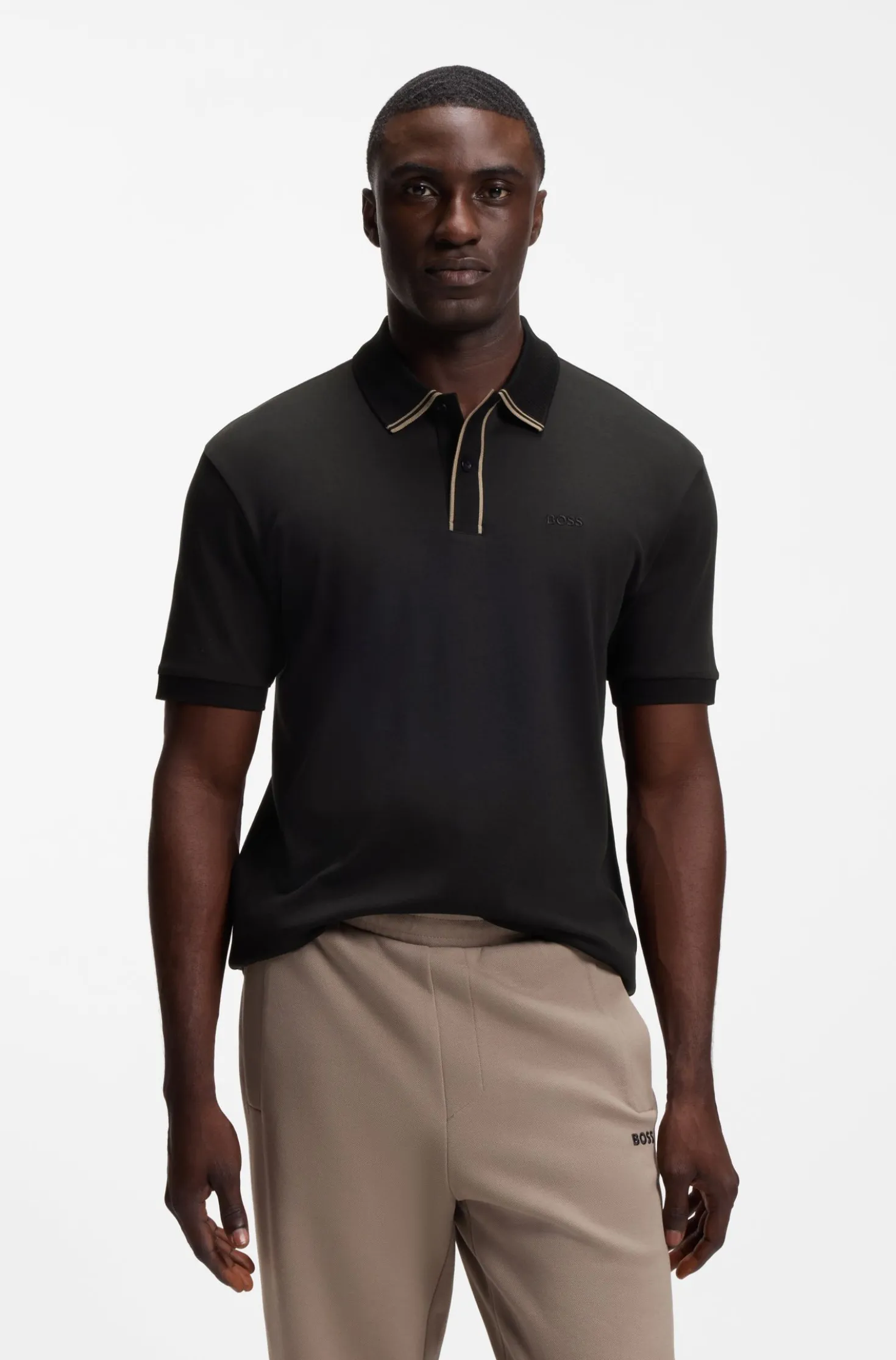 Striped-trim polo shirt in interlock cotton