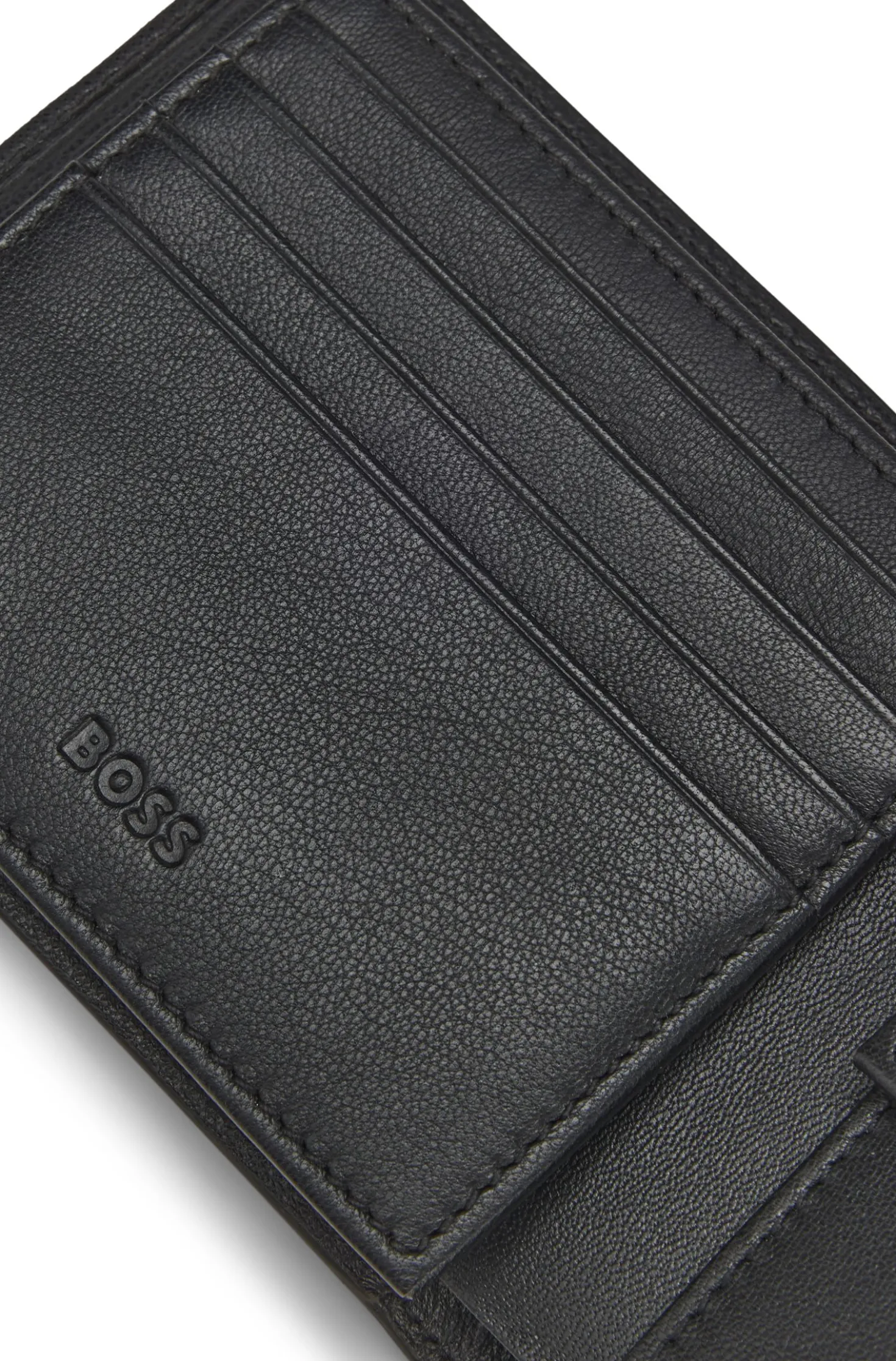 Structured trifold wallet with polished logo lettering