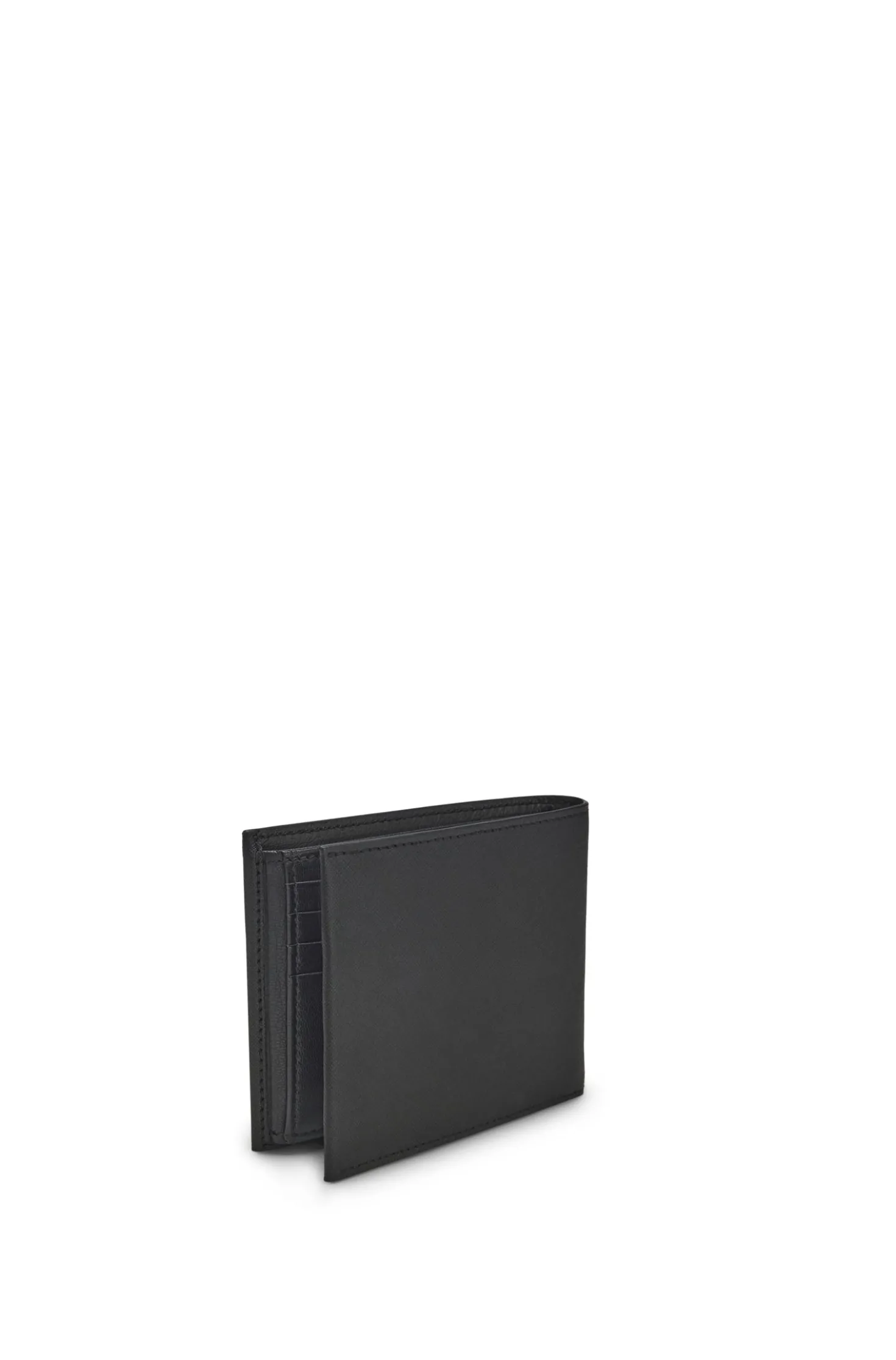 Structured trifold wallet with polished logo lettering