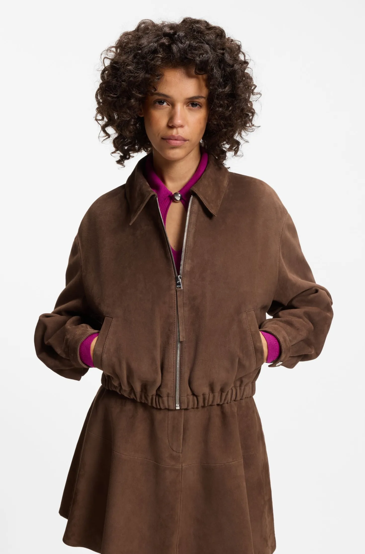 Suede jacket with gathered hem