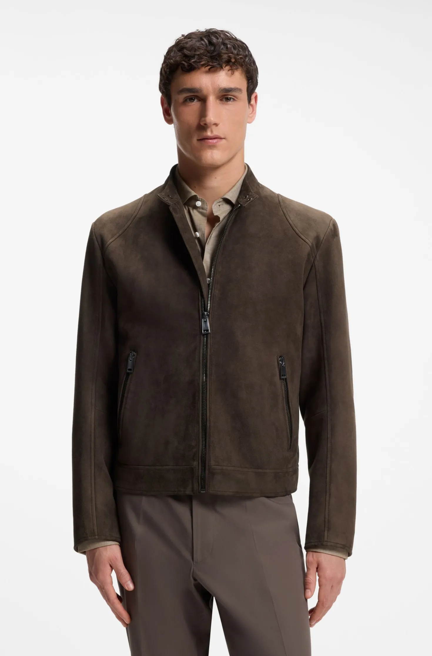 Suede jacket with zipped cuffs