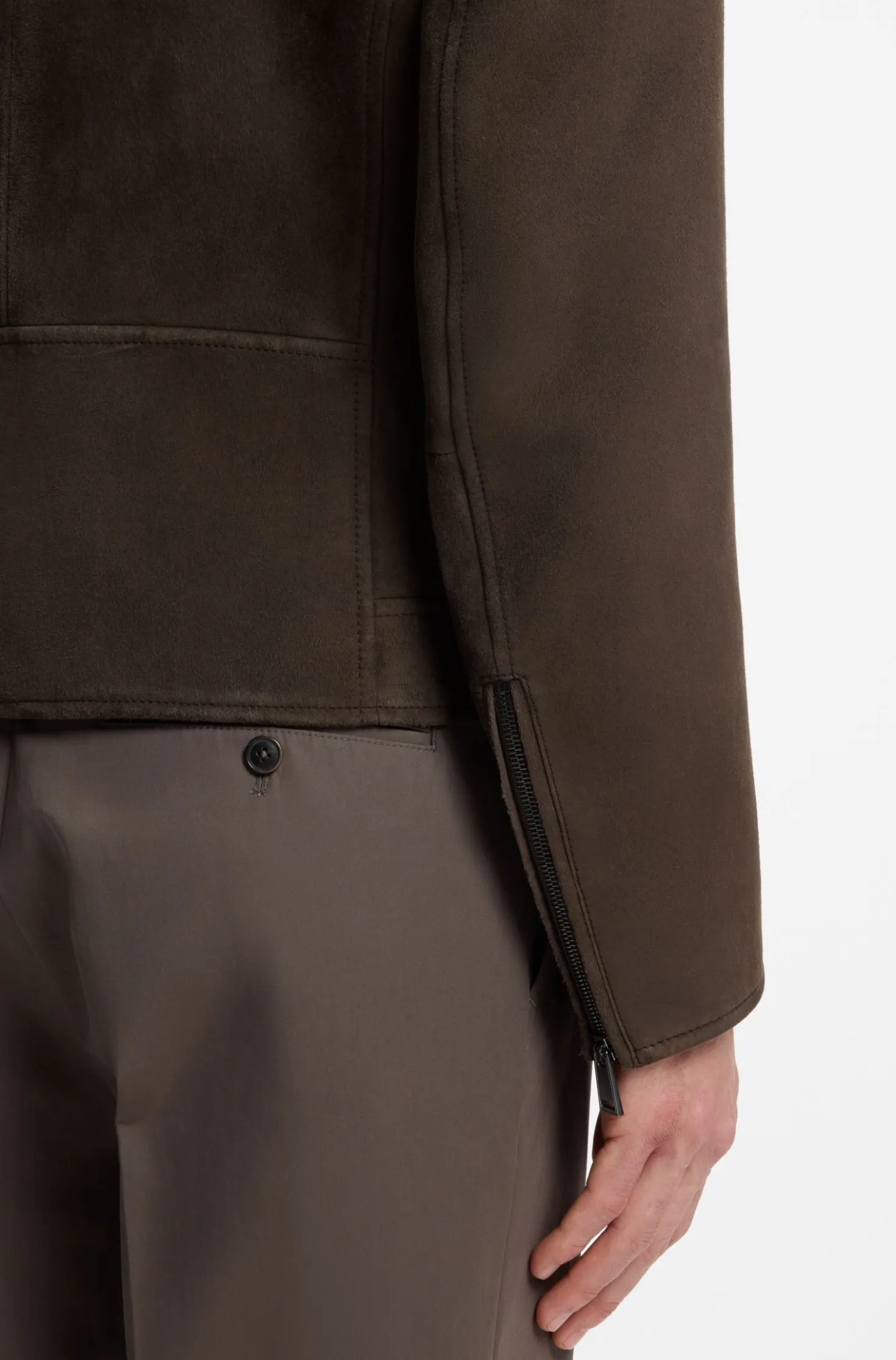 Suede jacket with zipped cuffs