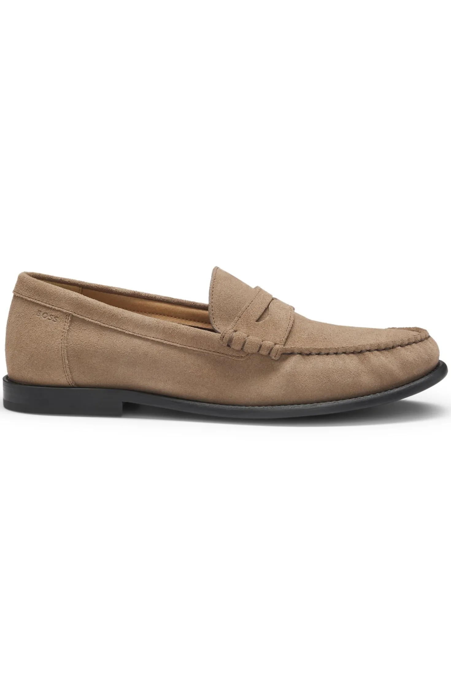 Suede moccasins with penny trim and embossed logo