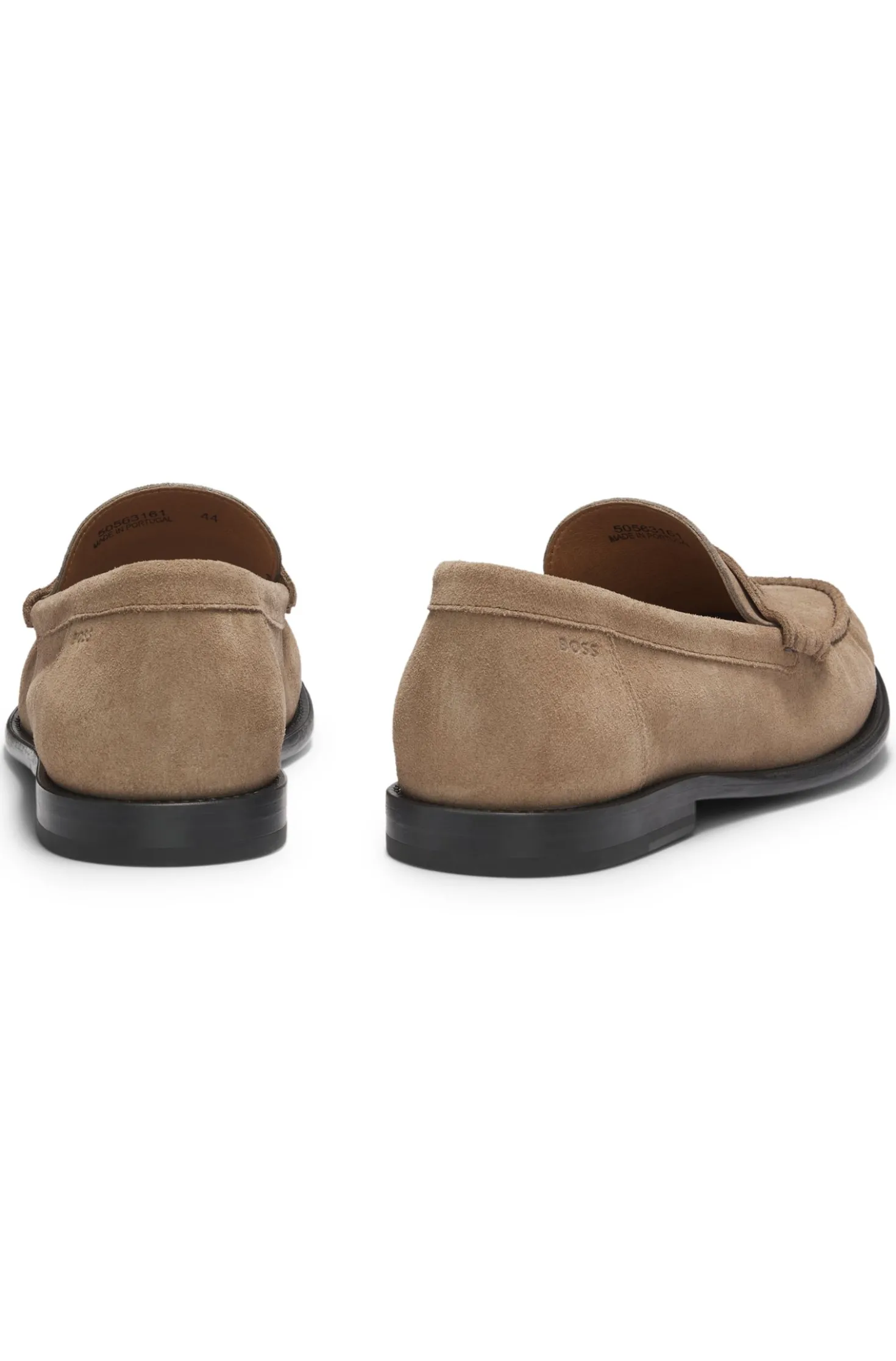 Suede moccasins with penny trim and embossed logo