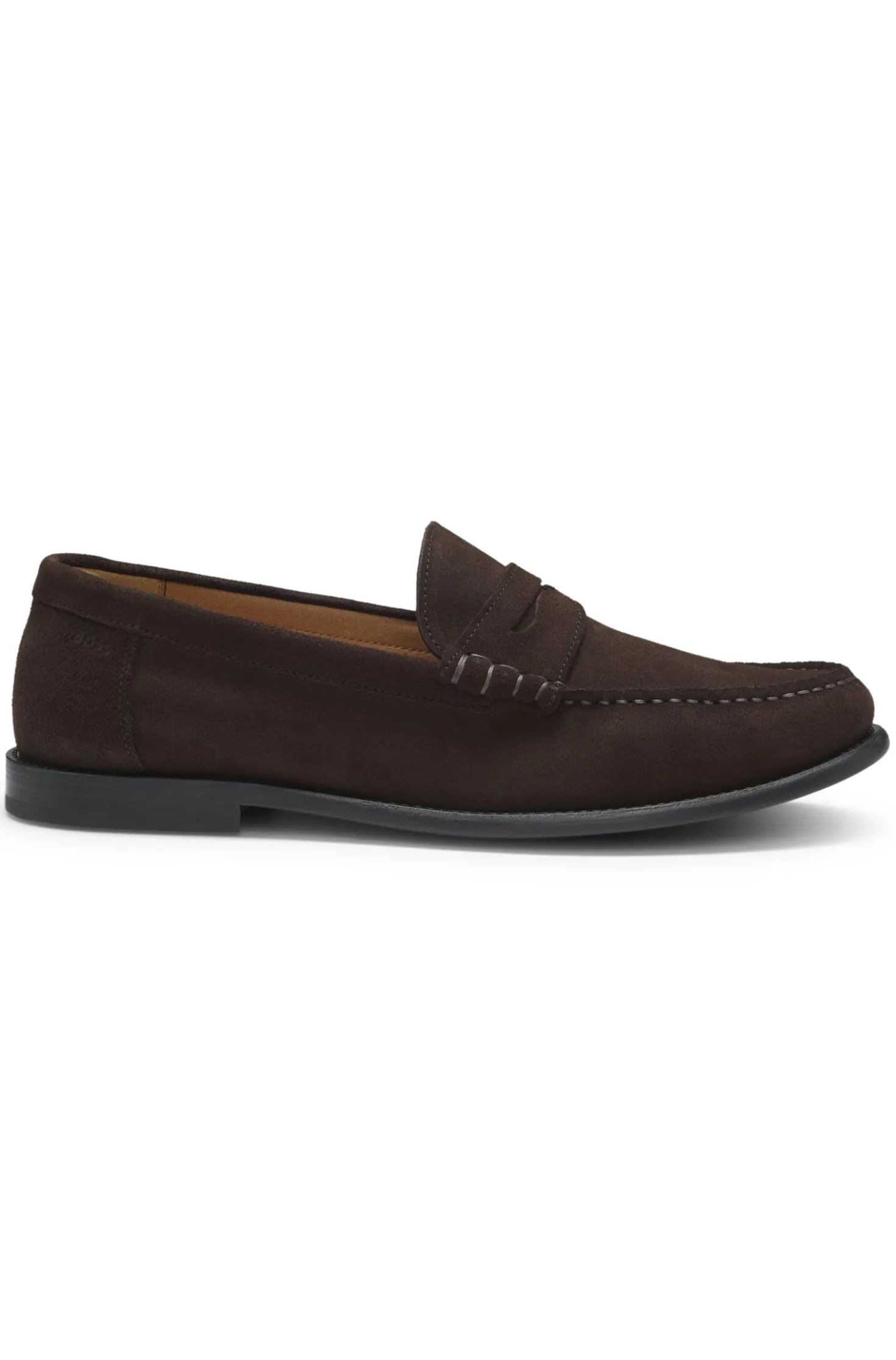 Suede moccasins with penny trim and embossed logo