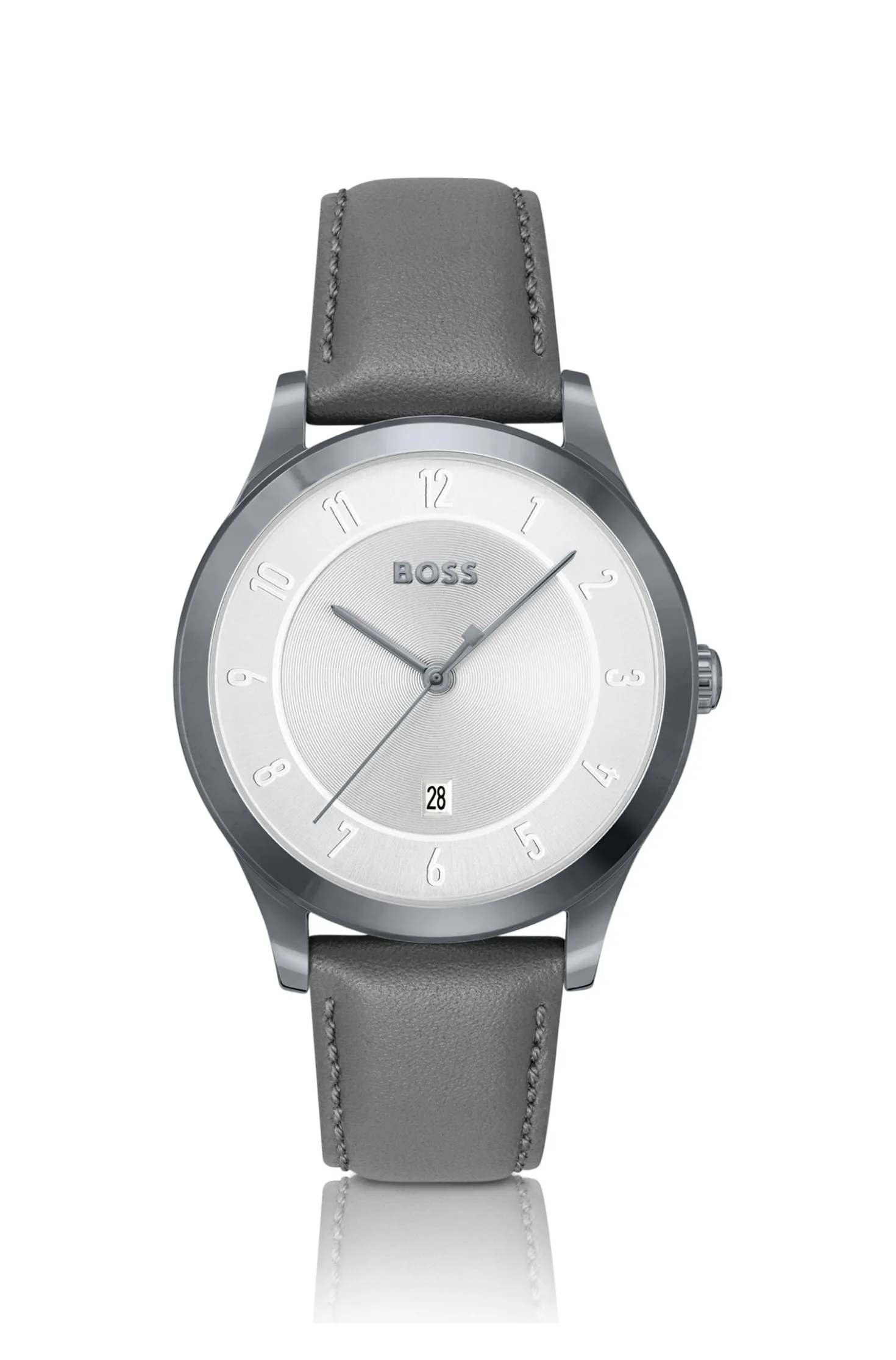 THREEHAND Grey-plated watch with leather strap