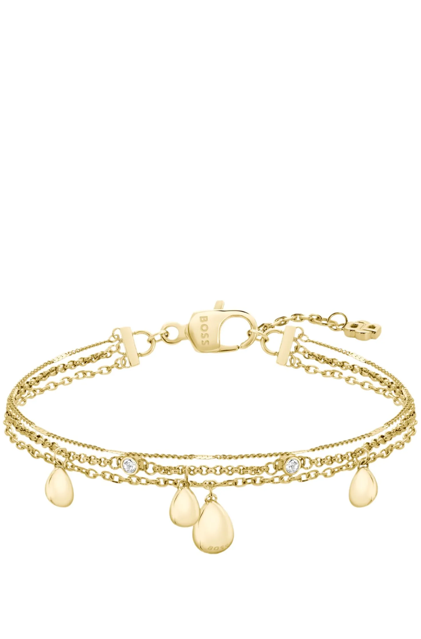 Three-layer gold-tone bracelet with droplet charms