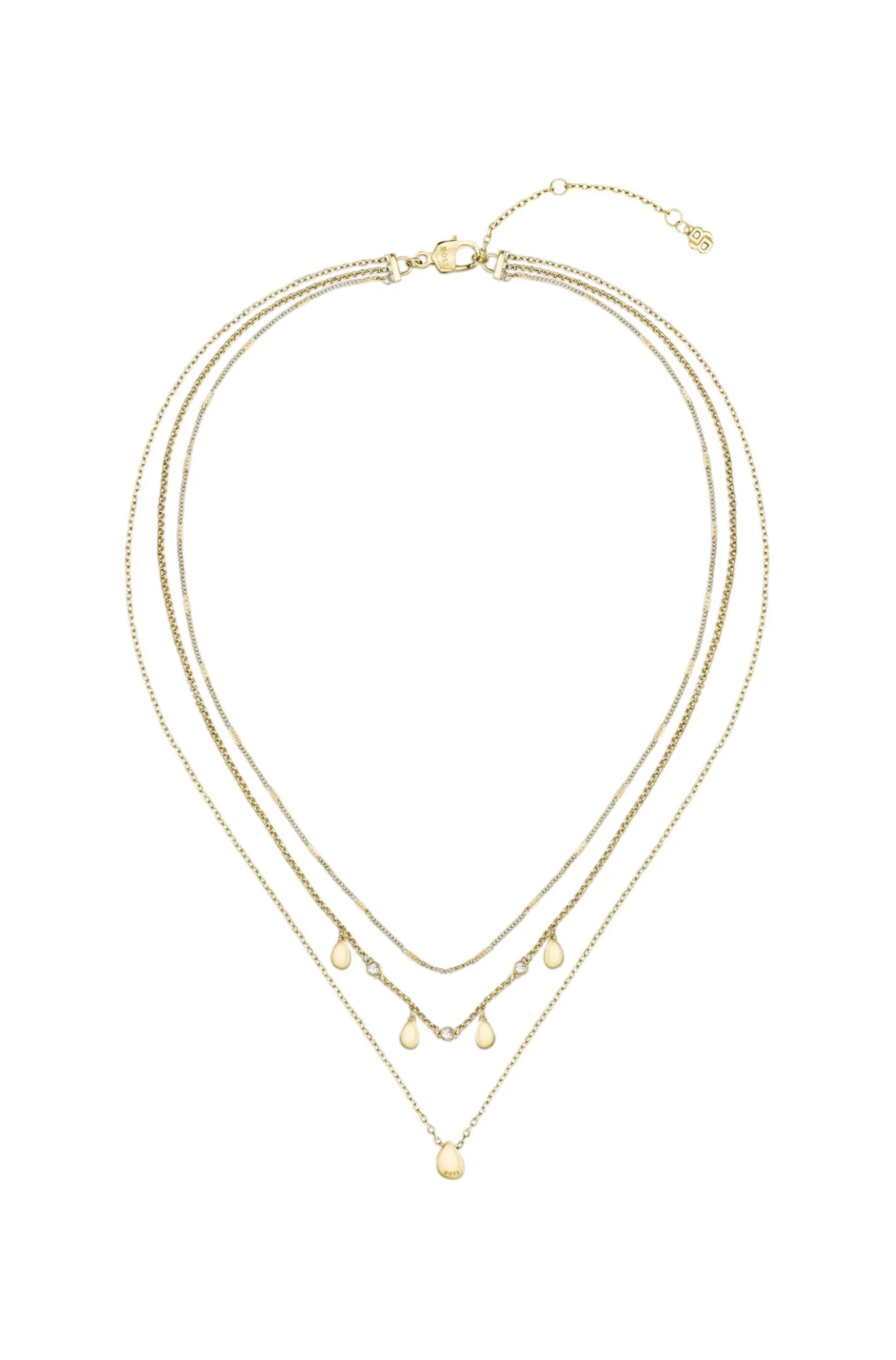 Three-layer gold-tone necklace with droplet charms