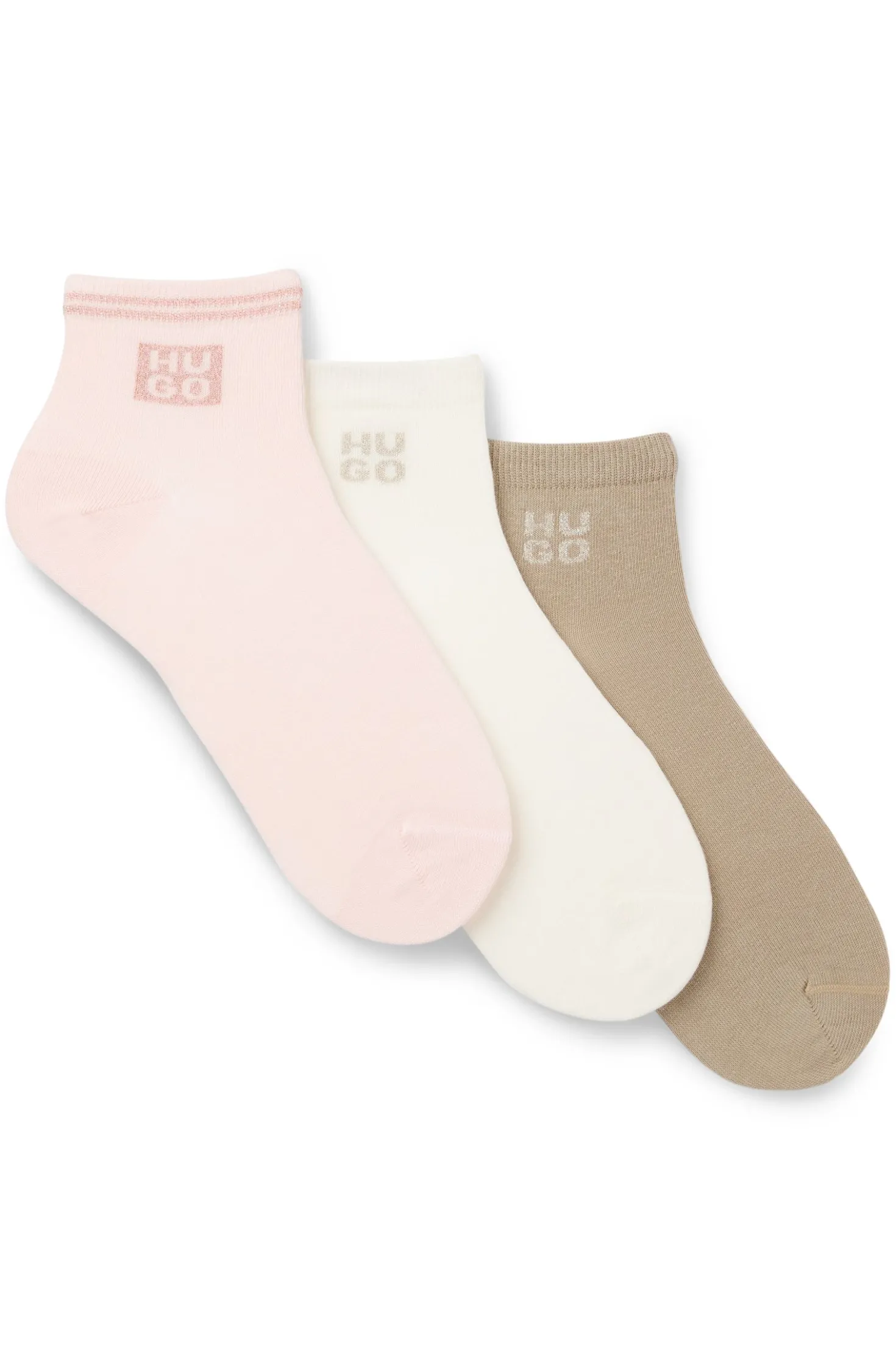 Three-pack short socks with metallic thread logos