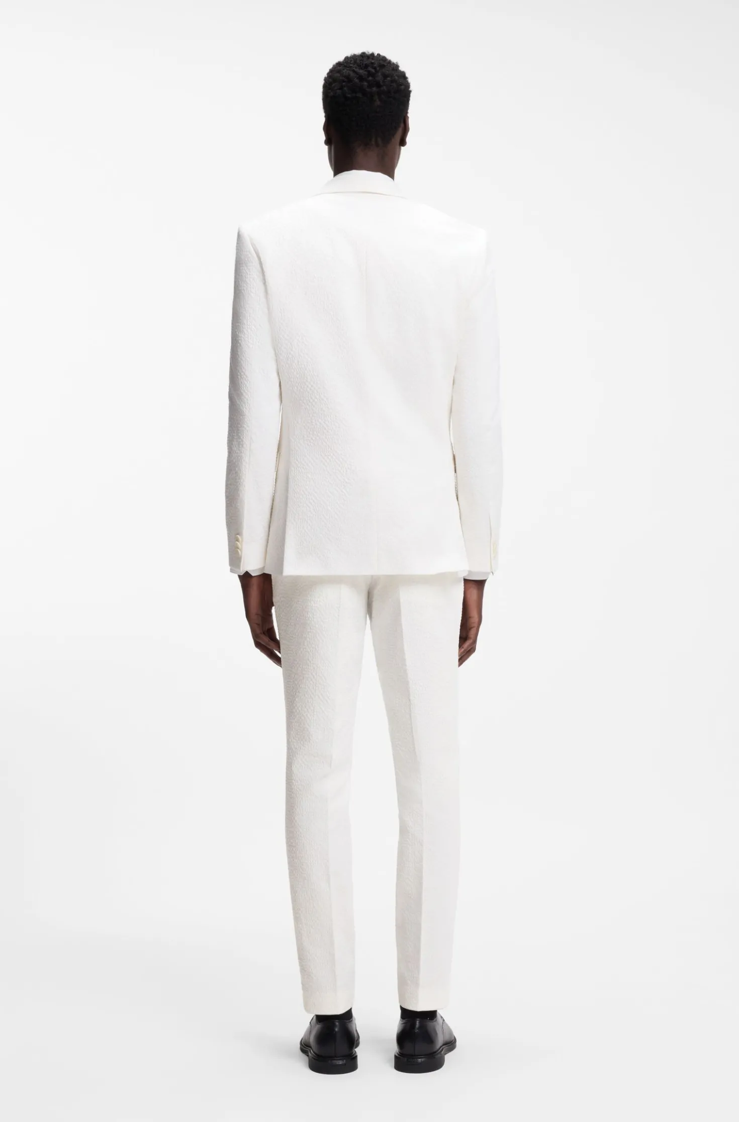 Three-piece extra-slim-fit suit in stretch-cotton seersucker