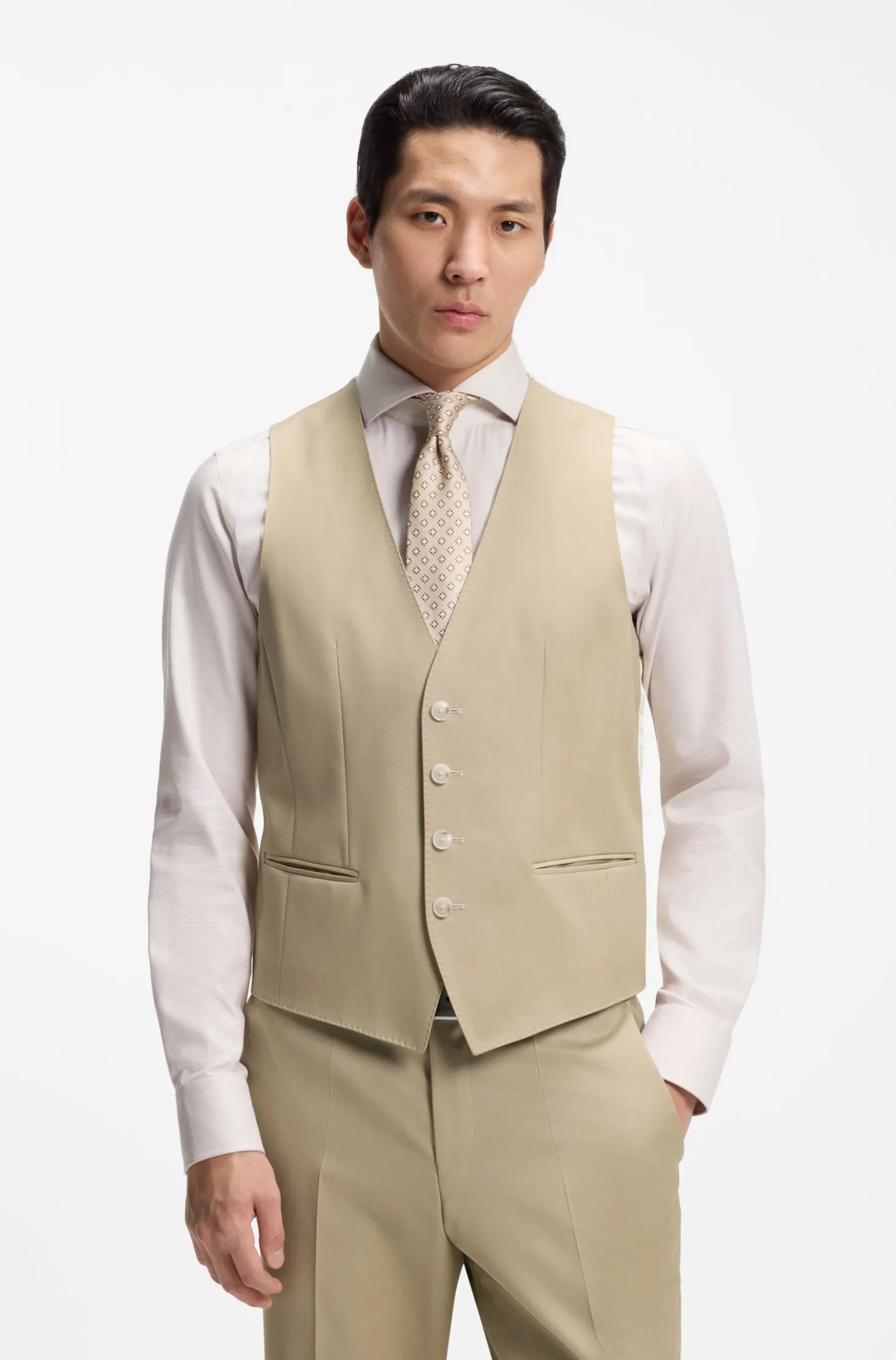 Three-piece slim-fit suit in virgin-wool serge