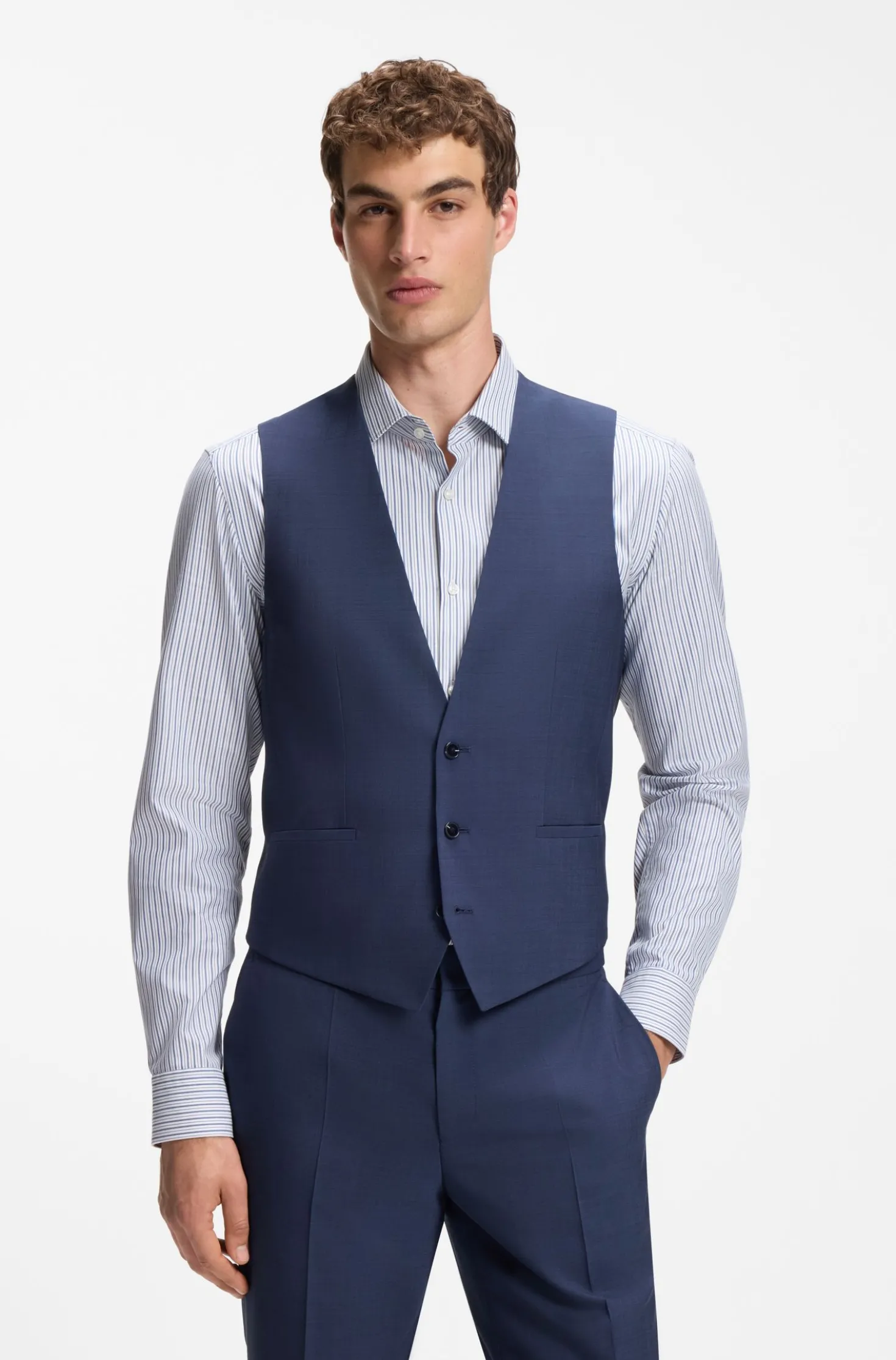 Three-piece slim-fit suit in wool-blend poplin