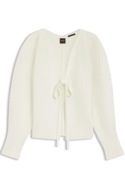 Tie-front rib-knit cardigan with balloon sleeves