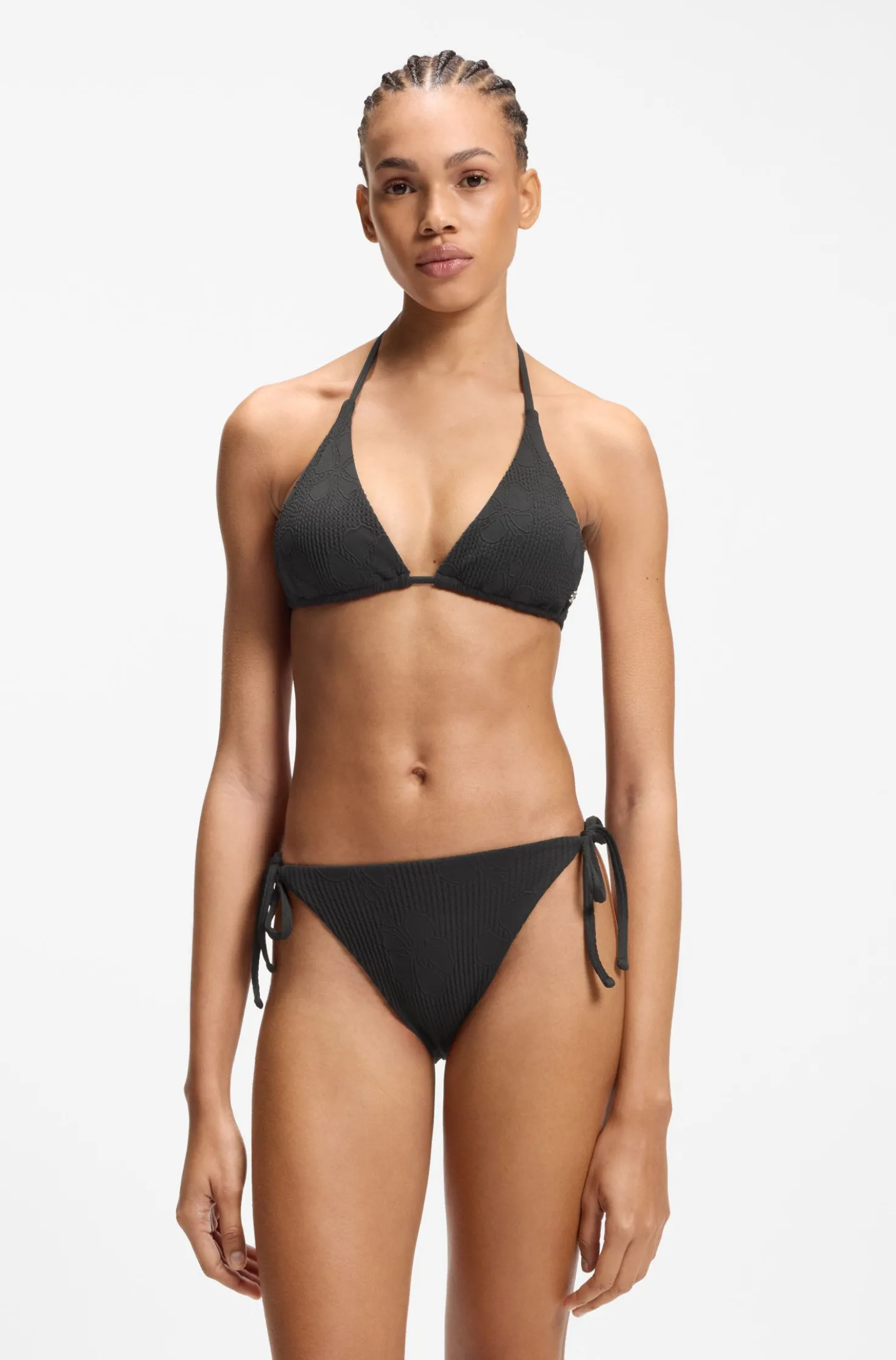 Tie-side bikini bottoms with structured tropical pattern