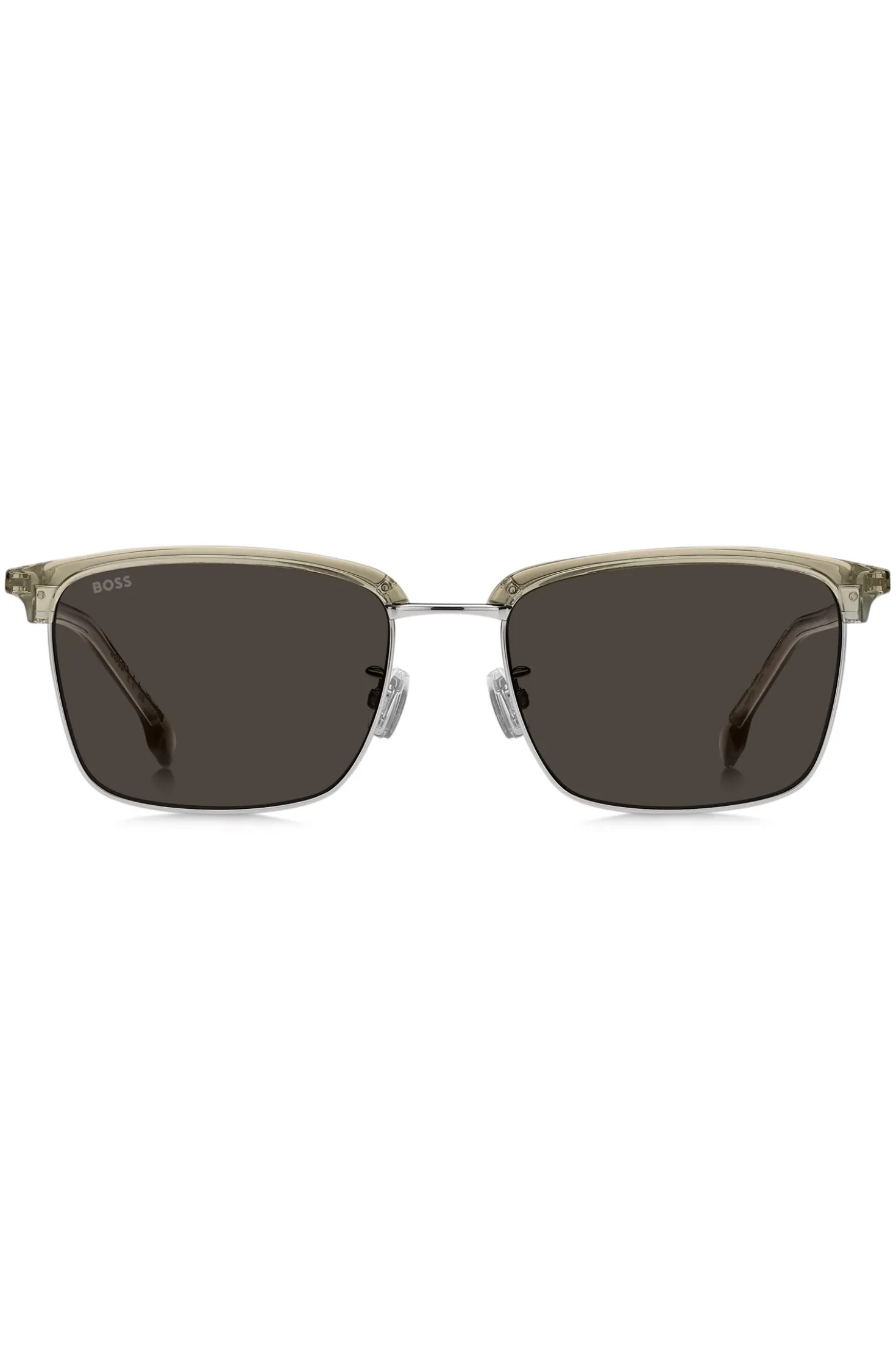 Titanium-temple sunglasses with lasered-engraved logos