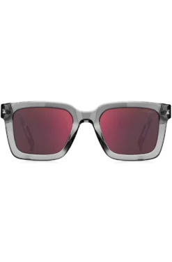 Transparent-acetate sunglasses with red lenses