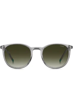 Transparent-grey sunglasses with green logo