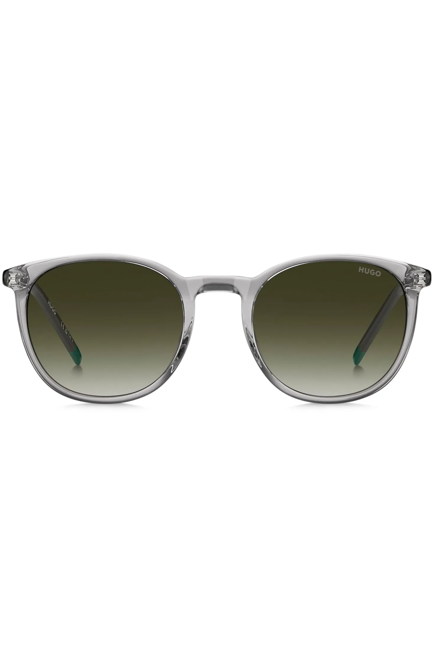 Transparent-grey sunglasses with green logo