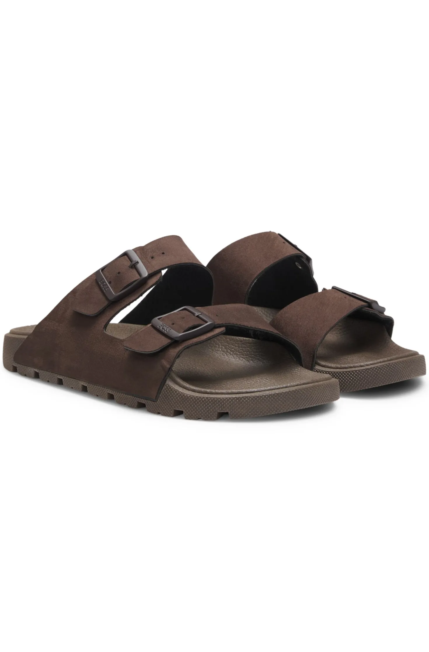Twin-strap slides with branded buckles