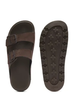 Twin-strap slides with branded buckles