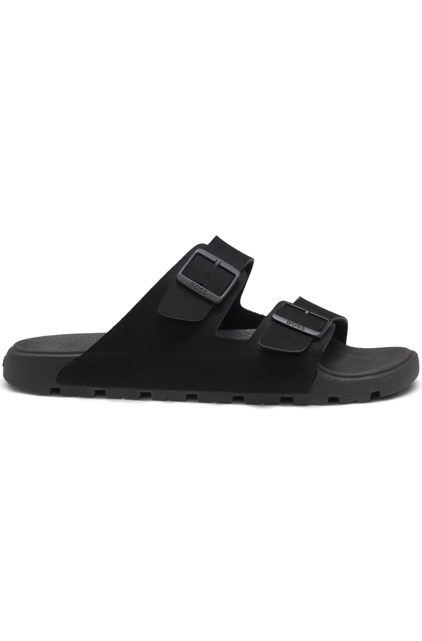 Twin-strap slides with branded buckles