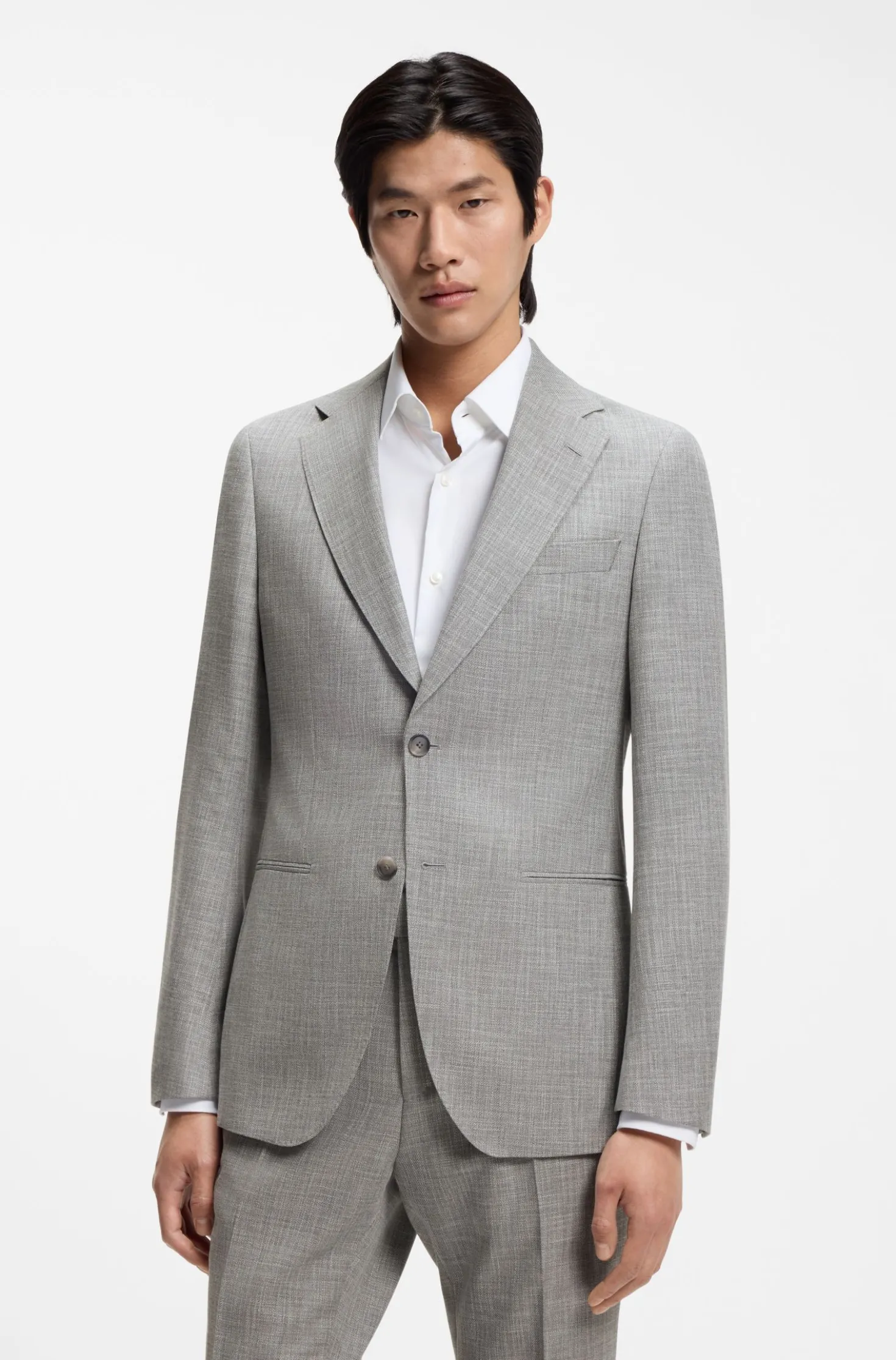 Two-piece slim-fit suit in cotton and virgin wool