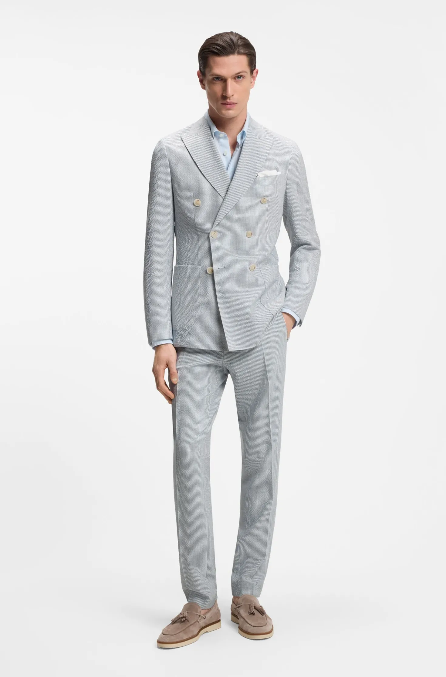 Two-piece slim-fit suit in stretch seersucker fabric