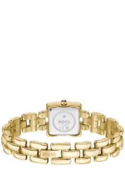 Violet square gold-tone watch with sculptural bracelet