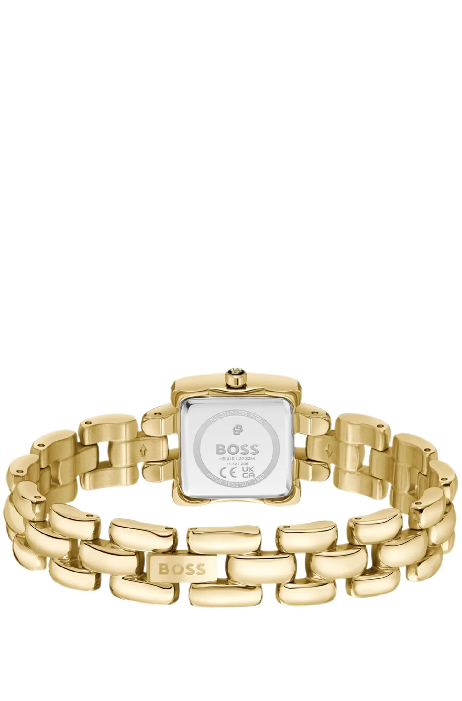 Violet square gold-tone watch with sculptural bracelet