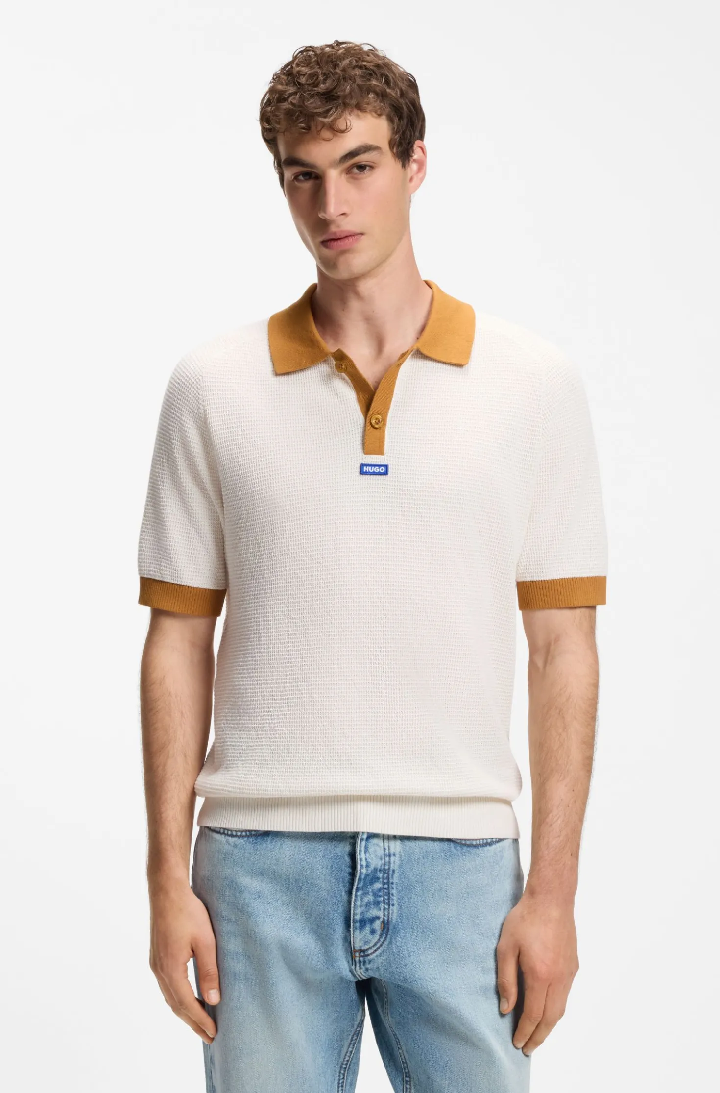 Waffle-knit polo in cotton with contrast trims