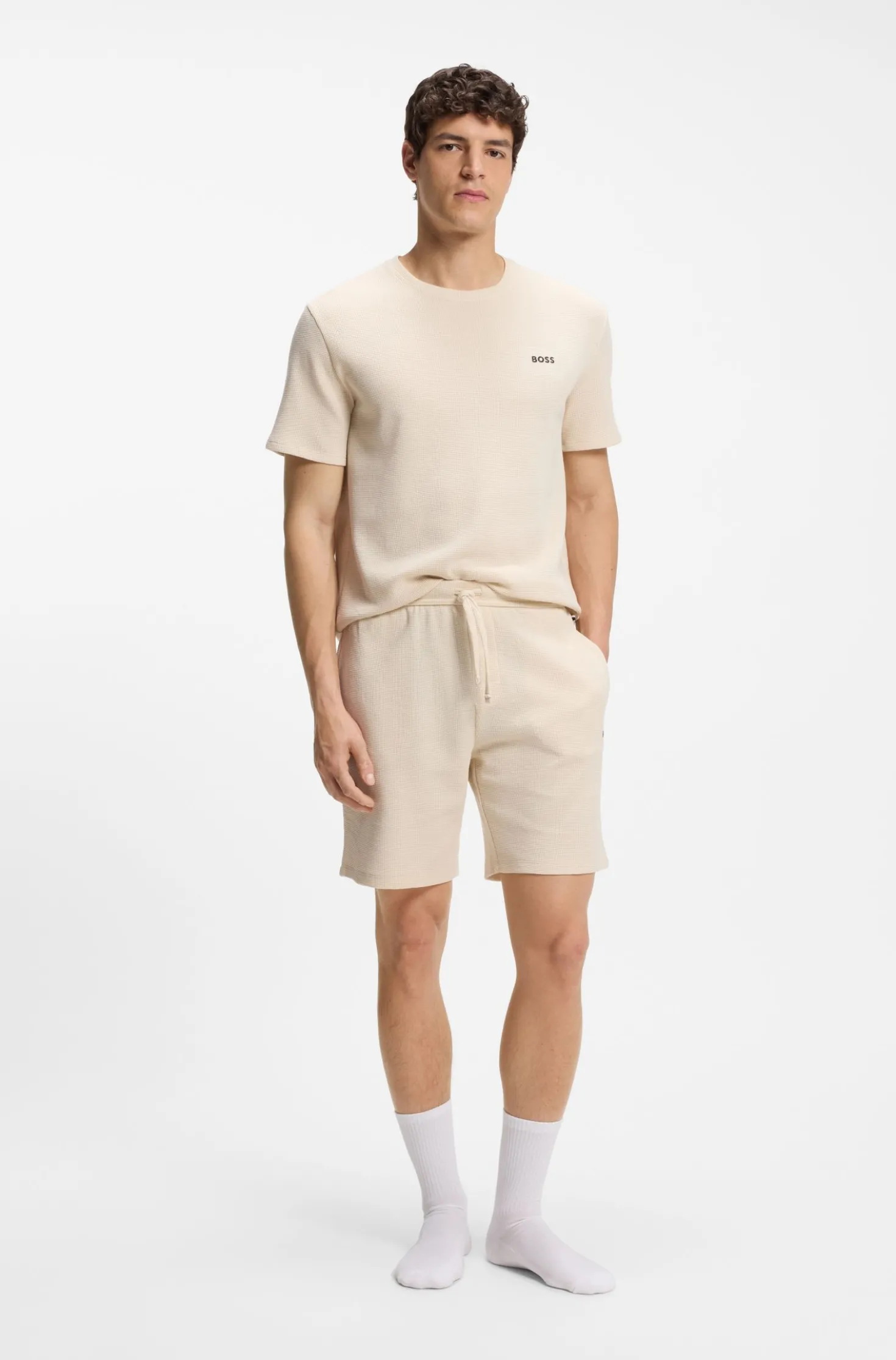 Waffle-structured pyjama shorts with embroidered logo