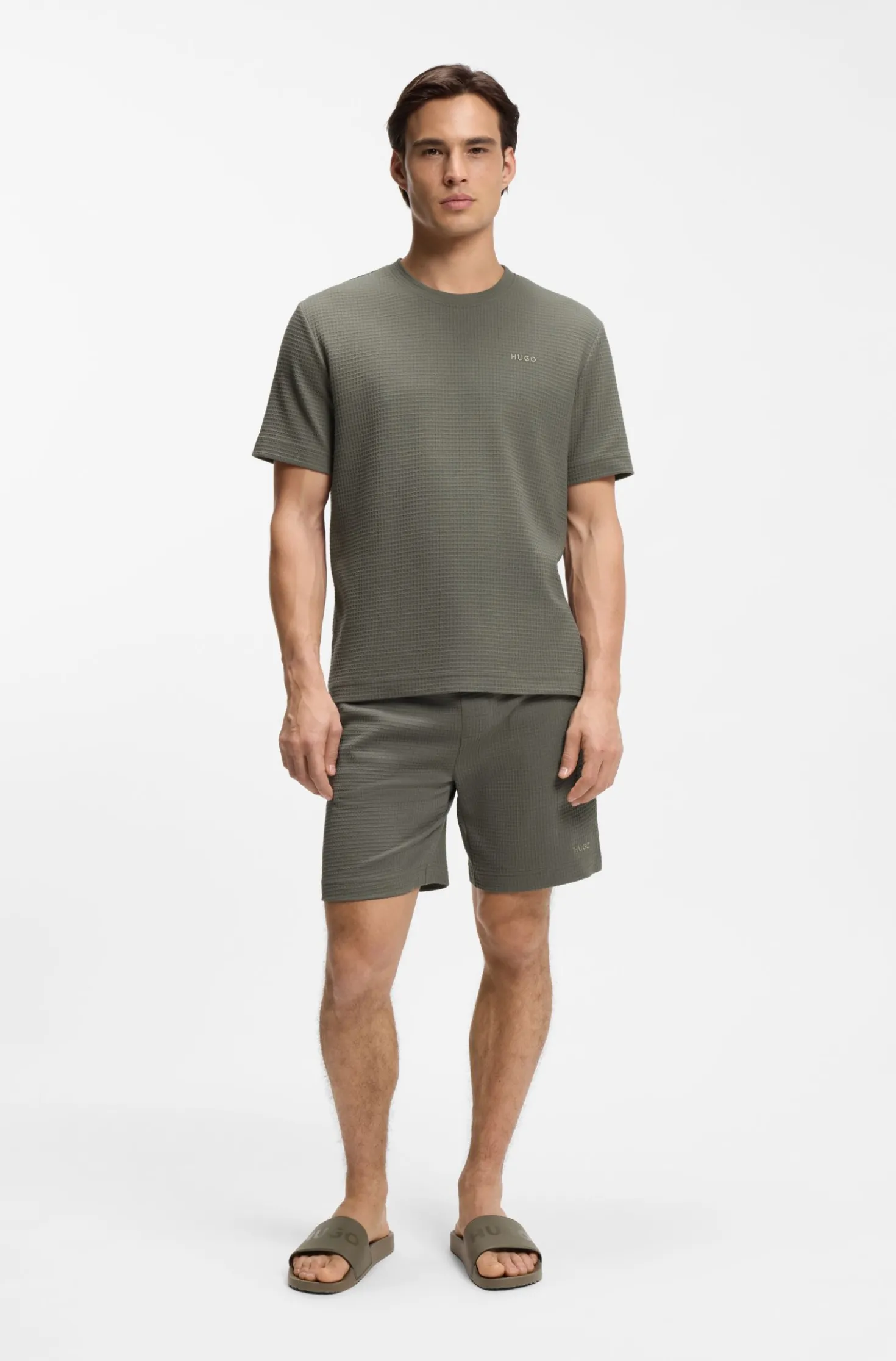 Waffle-structured pyjama T-shirt with embroidered logo