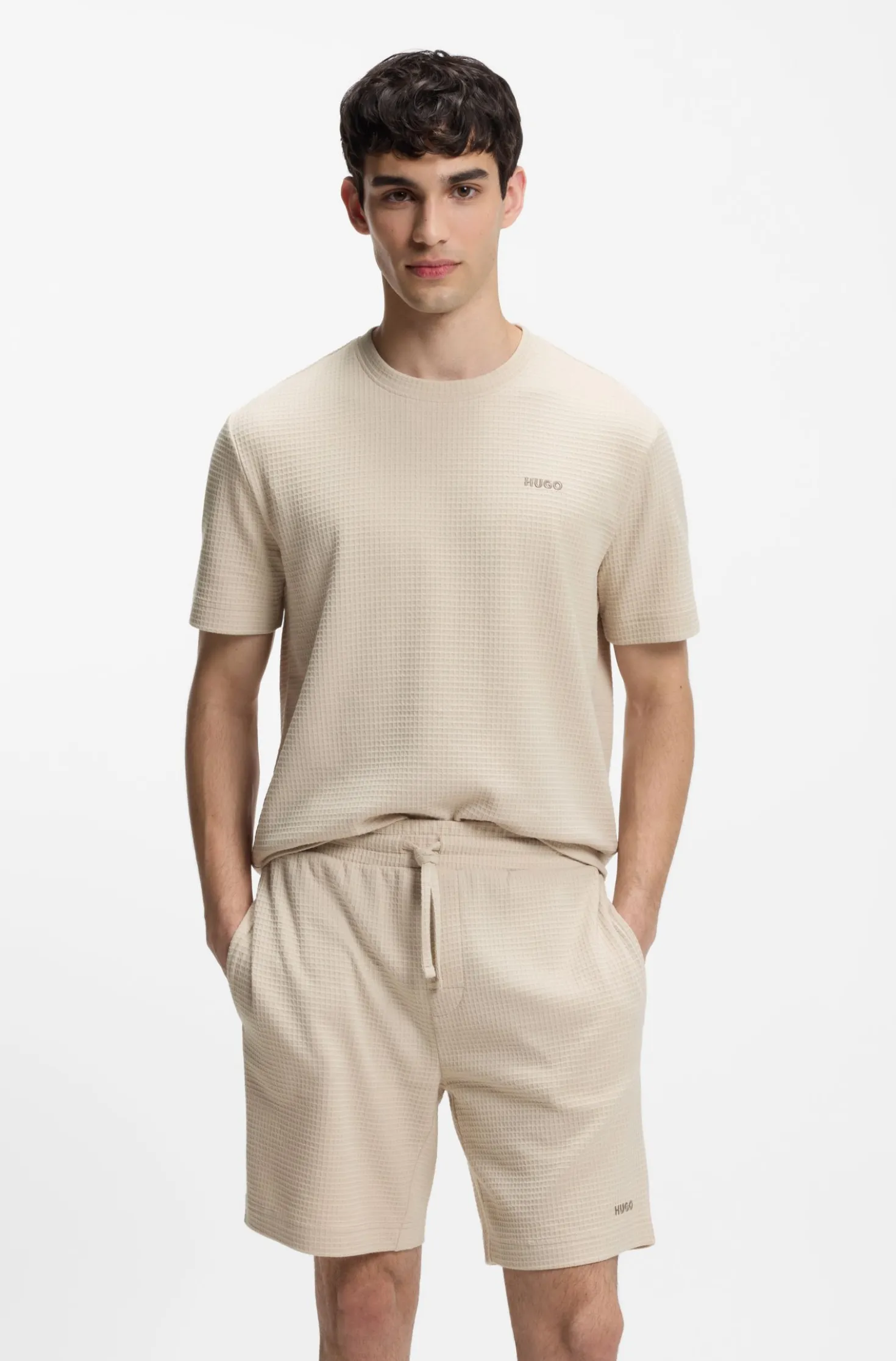 Waffle-structured pyjama T-shirt with embroidered logo