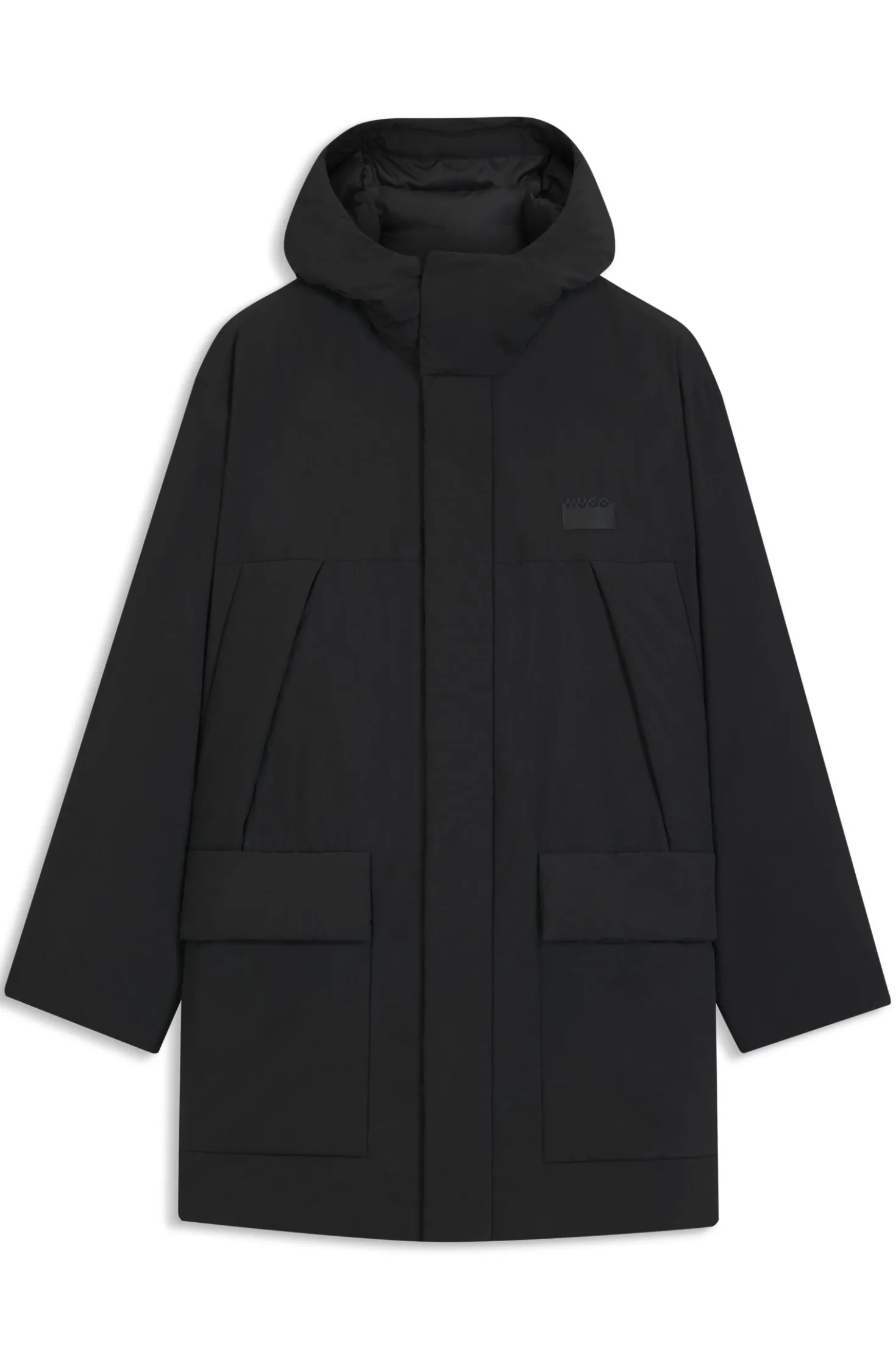 Water-repellent hooded puffer coat with split logo