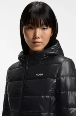 Water-repellent hooded puffer jacket with logo print