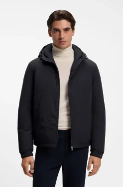 Water-repellent hooded short jacket with down filling
