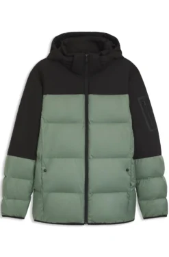 Water-repellent jacket with down filling and detachable hood
