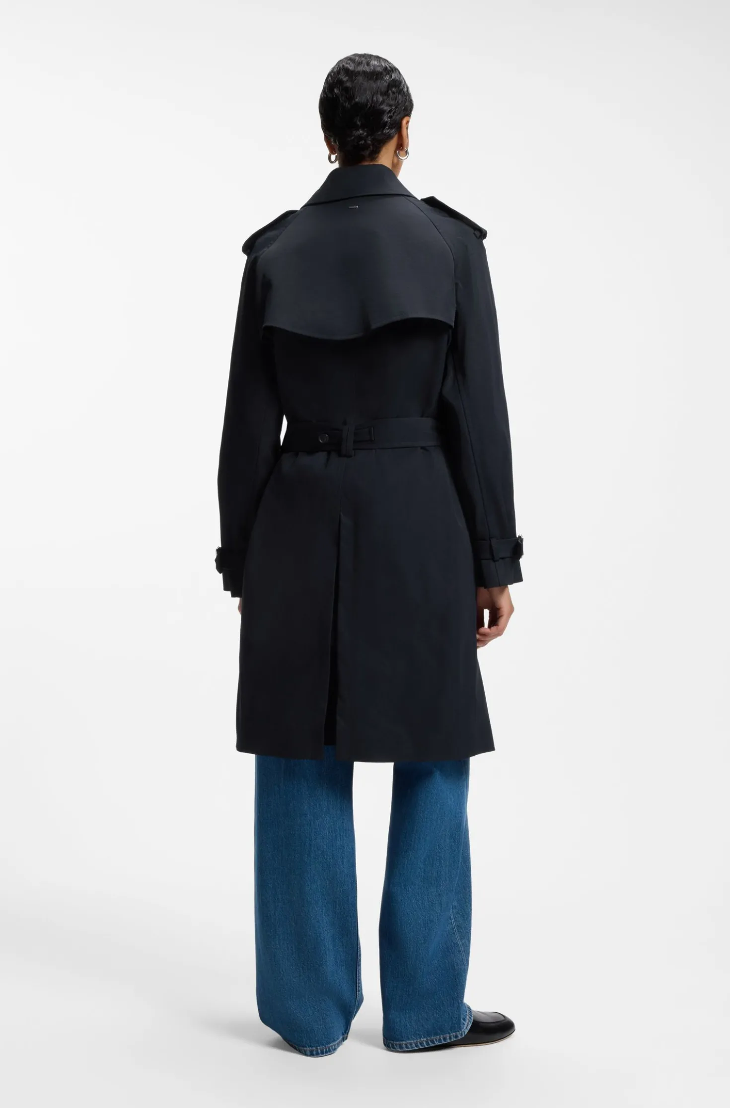 Water-repellent trench coat with buckled belt