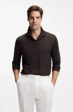 Wool-blend polo shirt with Johnny collar