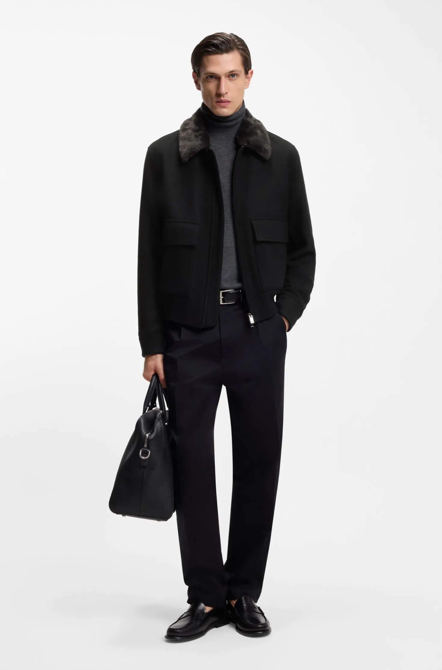 Wool-cashmere coat with faux-fur collar