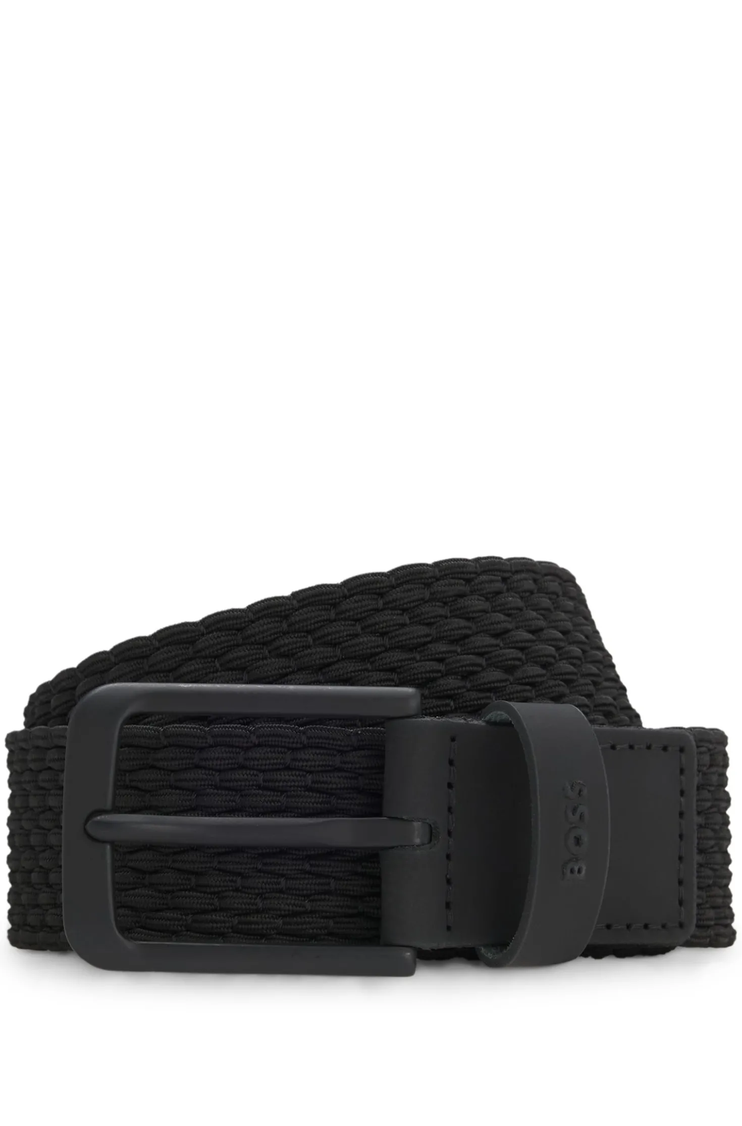 Woven belt with leather trims and logo detail