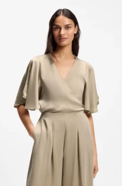 Wrap-front blouse with kimono sleeves