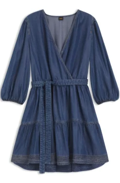Wrap-front denim-look dress with balloon sleeves